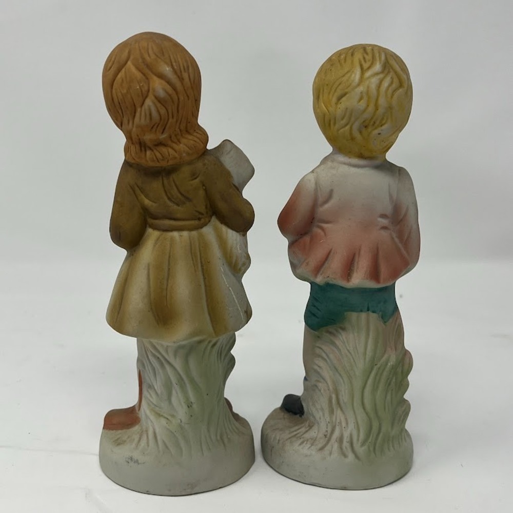 Vintage Bisque Boy and Girl Figurine Set Holding Dogs 7 inch Figurines - Picture 3 of 8